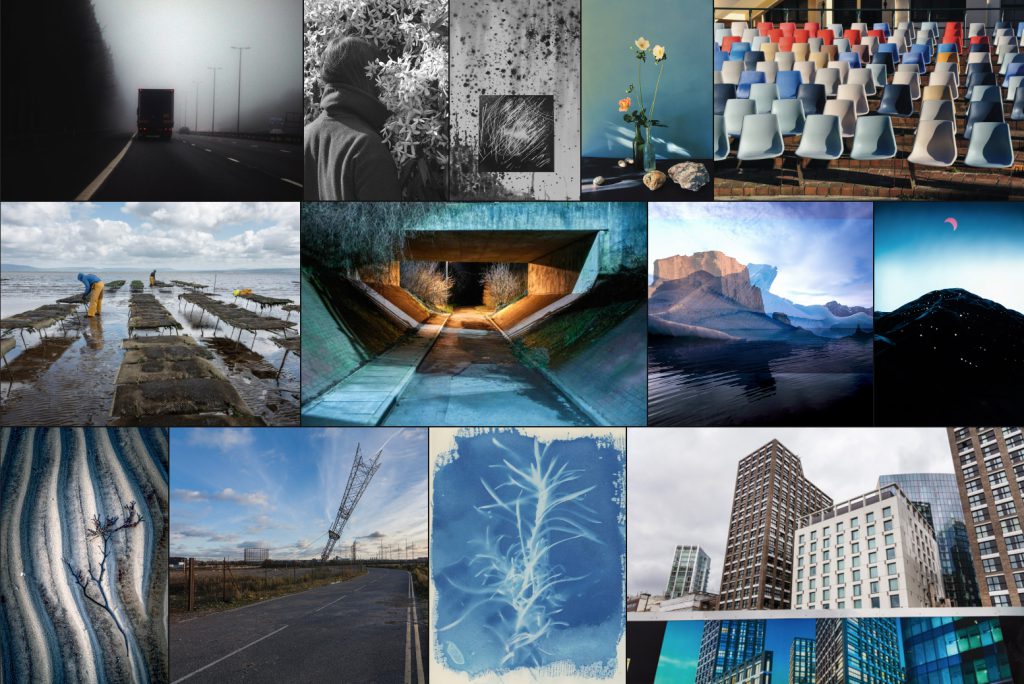 Compiltation of photographs showing a lorry on a motorway, a person with head in a bush, abstract black & white, still life of cut flowers, empty plastic chairs, people working in the sea, a lit underpass, double exposure of sea & mountains, a dark mountain with a red moon above, lines and seaweed in the sand, a pylon at the end of a road, cyanotype of a plant & high-rise buildings above a hoarding showing high-rises