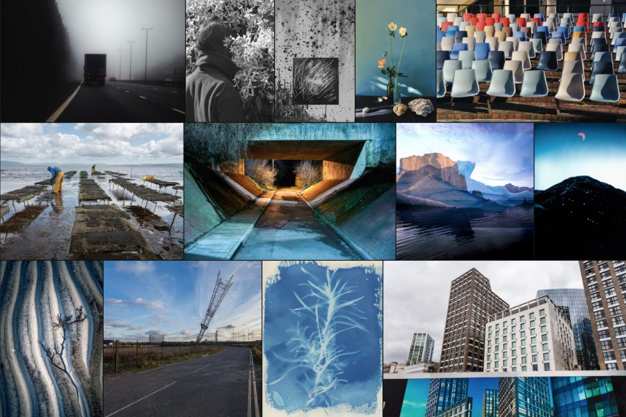 Compiltation of photographs showing a lorry on a motorway, a person with head in a bush, abstract black & white, still life of cut flowers, empty plastic chairs, people working in the sea, a lit underpass, double exposure of sea & mountains, a dark mountain with a red moon above, lines and seaweed in the sand, a pylon at the end of a road, cyanotype of a plant & high-rise buildings above a hoarding showing high-rises