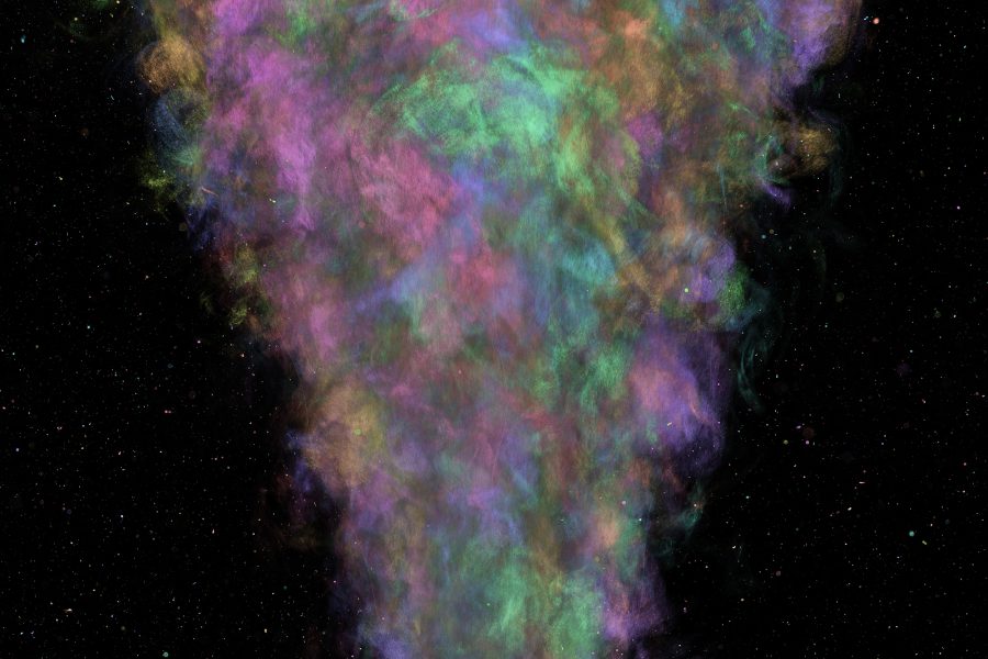 a composite of 200 images of mist, each exposure toned a different hue.