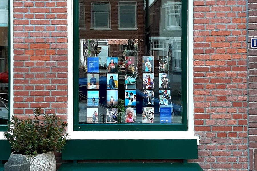 Photograph of a window displaying postcard-sized photographs, with brick wall either side, a green wooden bench in front and a potted plant to the left.