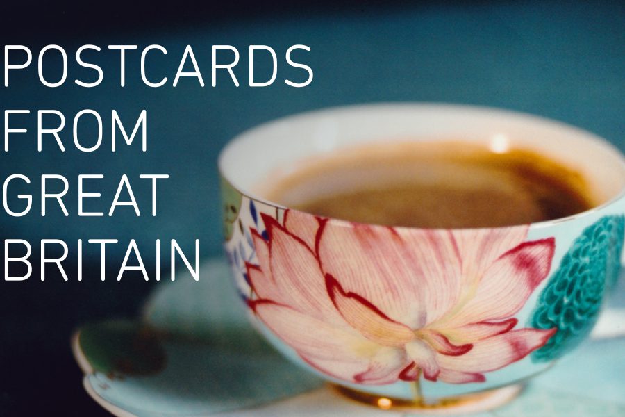 Graphic with an ornate floral patterned teacup and saucer filled with black coffee and the text 'POSTCARDS FROM GREAT BRITAIN' in white to the left.