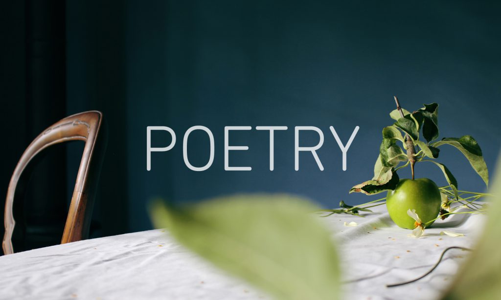 Image of a green apple on a white table cloth to the right, a wooden chair back to the left, and the word 'POETRY' in the centre