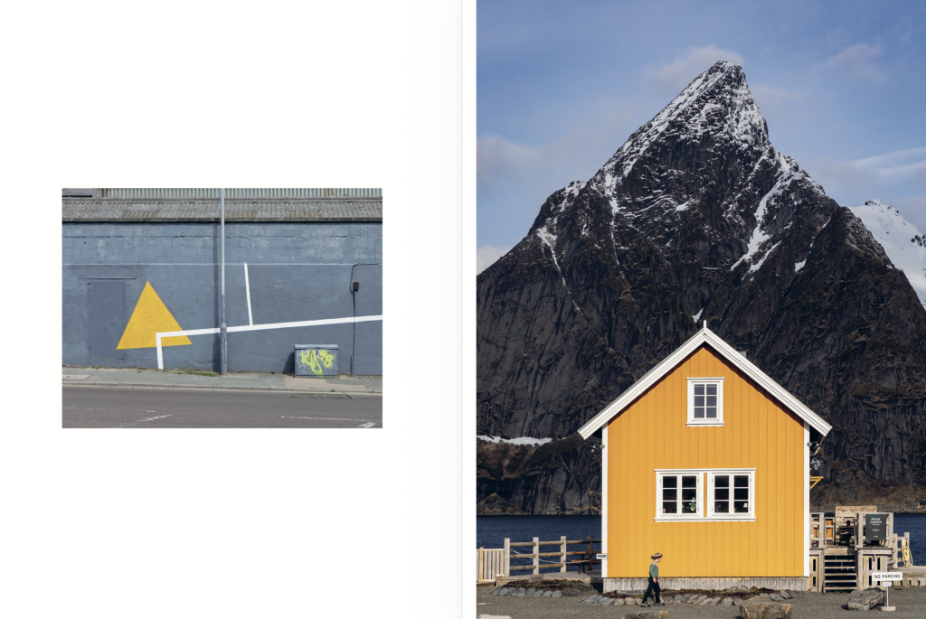 Photobook spread of two photos, one showing yellow warning sign, the other a yellow house