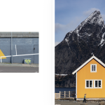Photobook spread of two photos, one showing yellow warning sign, the other a yellow house