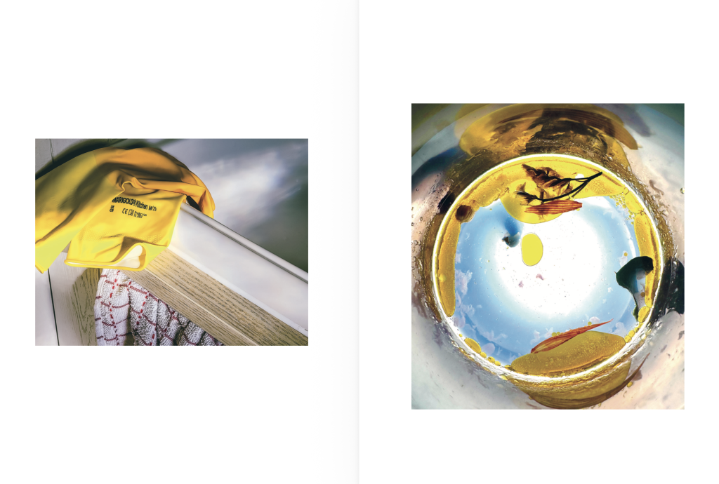 Photobook spread of two photos on white pages: yellow rubber gloves and a yellow cup seen from below looking up to sky