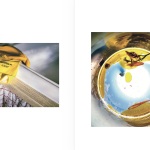 Photobook spread of two photos on white pages: yellow rubber gloves and a yellow cup seen from below looking up to sky