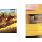 Photobook page spread with two photos on white pages: a blurred shot through a window, and a blurred yellow bus in motion