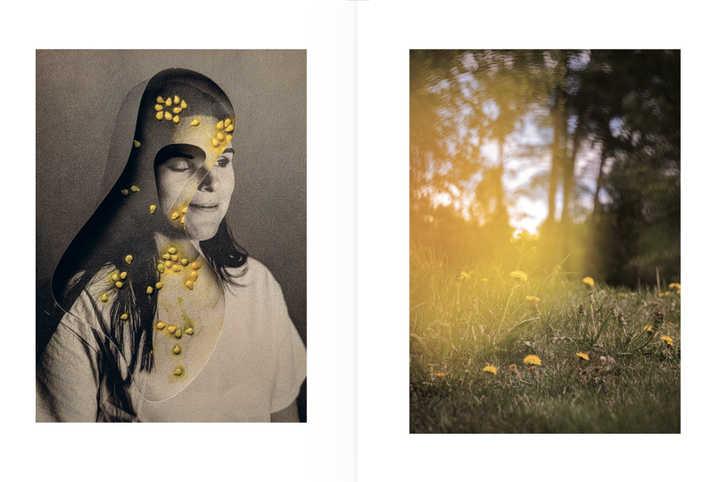 Photobook page spread with two photos on white paper: conceptual collage of girl with yellow details, and meadow with yellow glow and trees behind