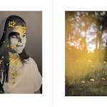 Photobook page spread with two photos on white paper: conceptual collage of girl with yellow details, and meadow with yellow glow and trees behind